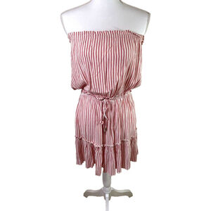 Elan Light Red Stripe Rayon Strapless Tiered Mini Dress Sz S